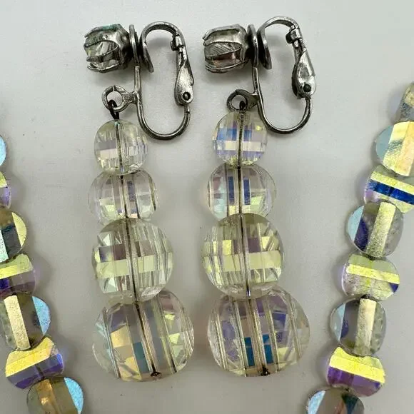 1950s vintage glass aurora borealis AB graduated beaded necklace earrings brooch - Picture 7 of 8